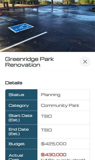 Project detail screen with budget and status